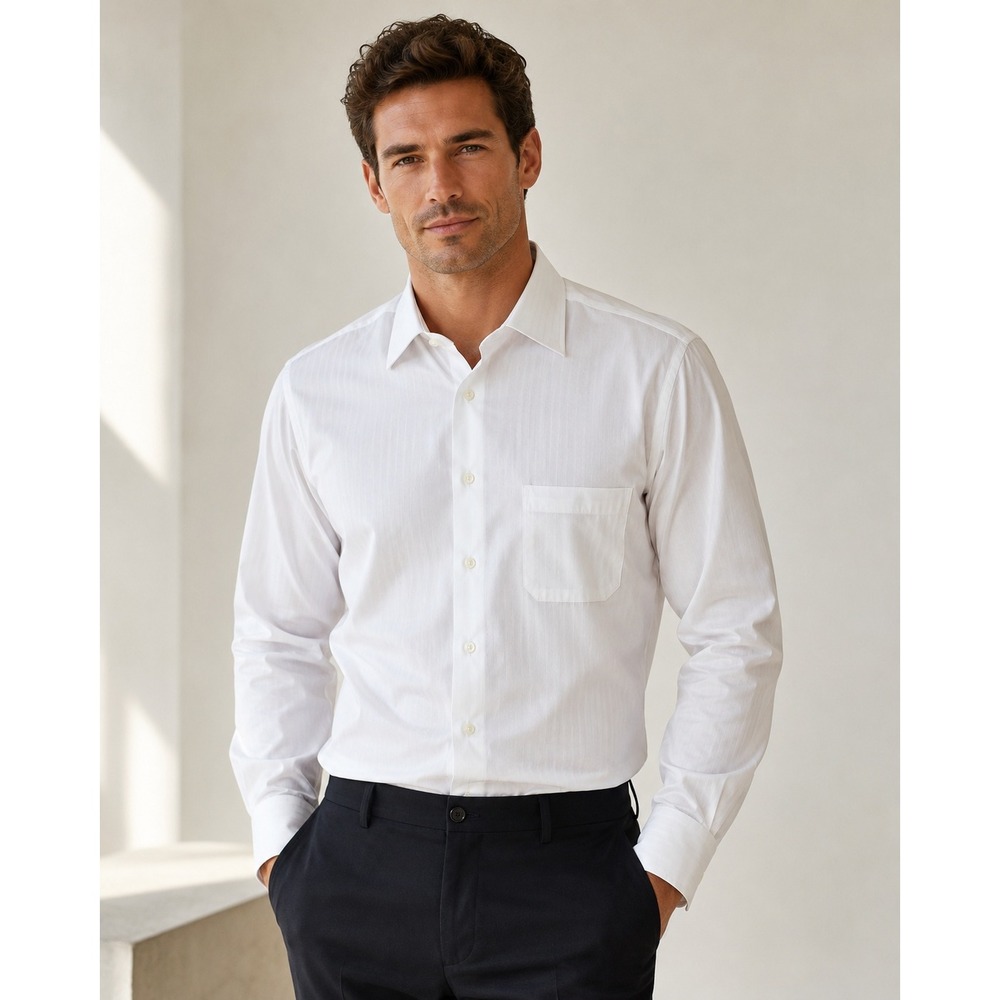 T. Harris London White Striped Cotton Dress Shirt Men's Formal Button Down